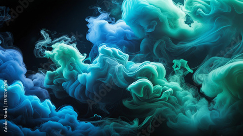 Vibrant Blue and Green Smoke Swirling in Darkness