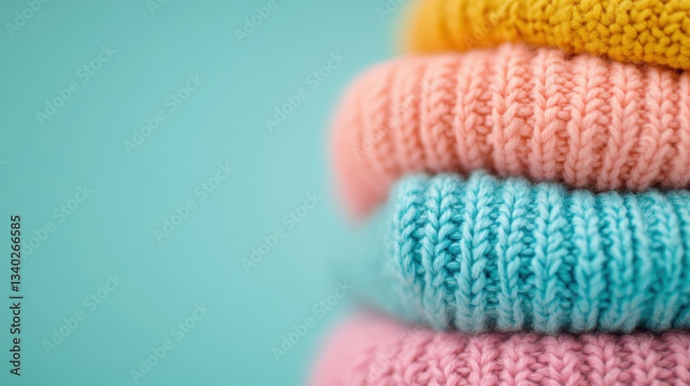 Colorful knitted hats in soft pastel shades are neatly stacked, adding a touch of warmth to the indoor setting with their cozy texture Colorful knitted hats in soft pastel shades are neatly stacked, adding a touch of warmth to the indoor setting with their cozy texture