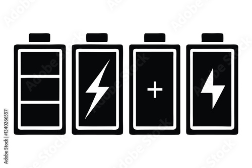 Set of battery icons showing different charge levels in green, red, and black with energy and power symbols, isolated on a white background in a 3D vector illustration style