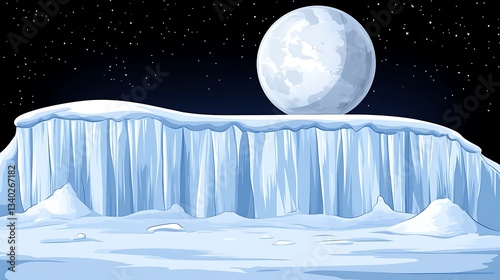 A glowing full moon over an icy landscape during night time
