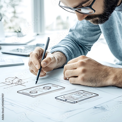 Designer sketching app UI for modern office.