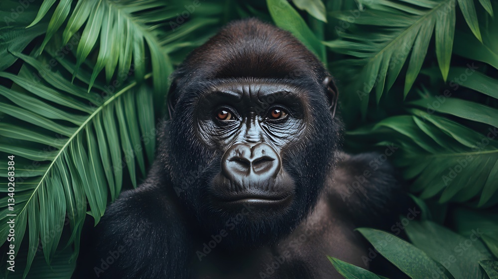 Fototapeta premium Majestic Gorilla Portrait Surrounded by Lush Green Foliage