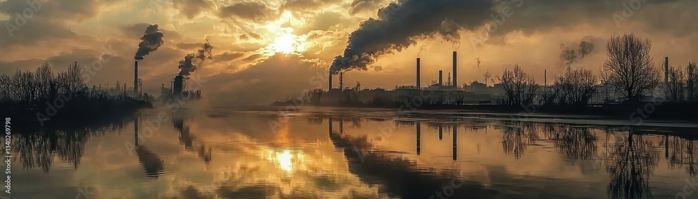 Fototapeta premium A landscape showcasing industrial smoke stacks against a dramatic sunset, reflecting on water, highlighting environmental pollution.