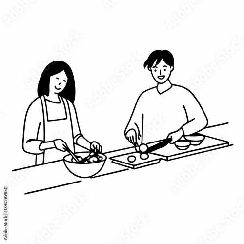 Young couple making breakfast together in the kitchen at home

