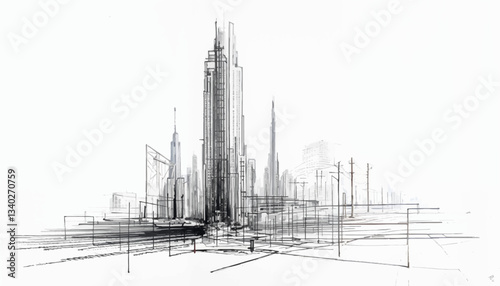Minimalist Urban Cityscape Sketch with Prominent Skyscraper in Black and White