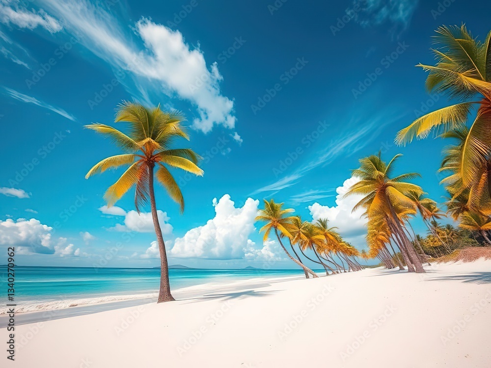 Obraz premium Tropical Beach Paradise - Vibrant Sandy Shore with Palm Trees
