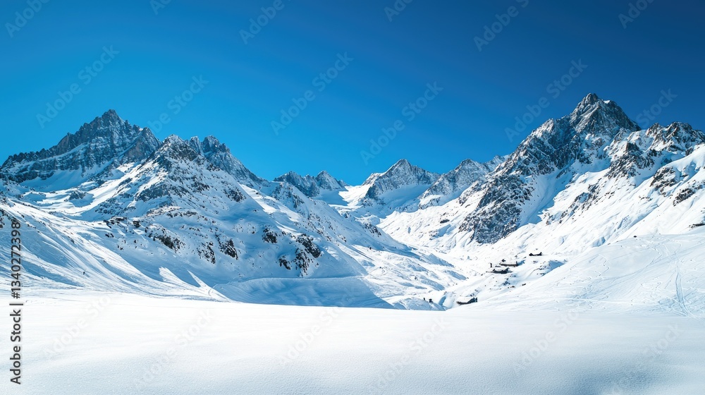 Obraz premium Snow-covered mountains under a clear blue sky.