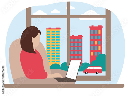 Woman working at home on a laptop. Flat style vector illustration.