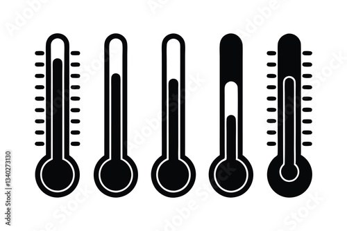 A vector set of thermometers displaying various temperature readings
