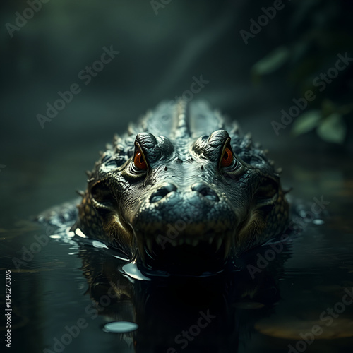  alligator emerging from the water, its wet, scaly skin glistening under dim jungle light