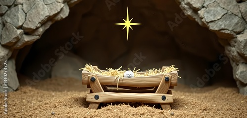 Empty wooden manger, Star of Bethlehem, cave background Hopeful Christmas nativity scene, redemption, joy