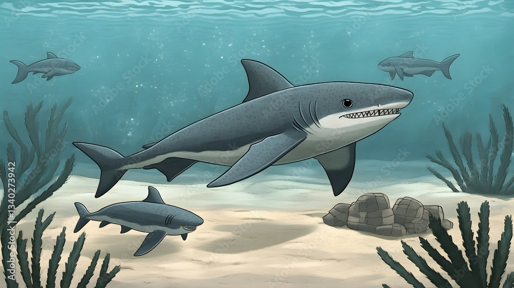 Obraz premium Great White Shark Underwater Scene Ocean Wildlife Illustration