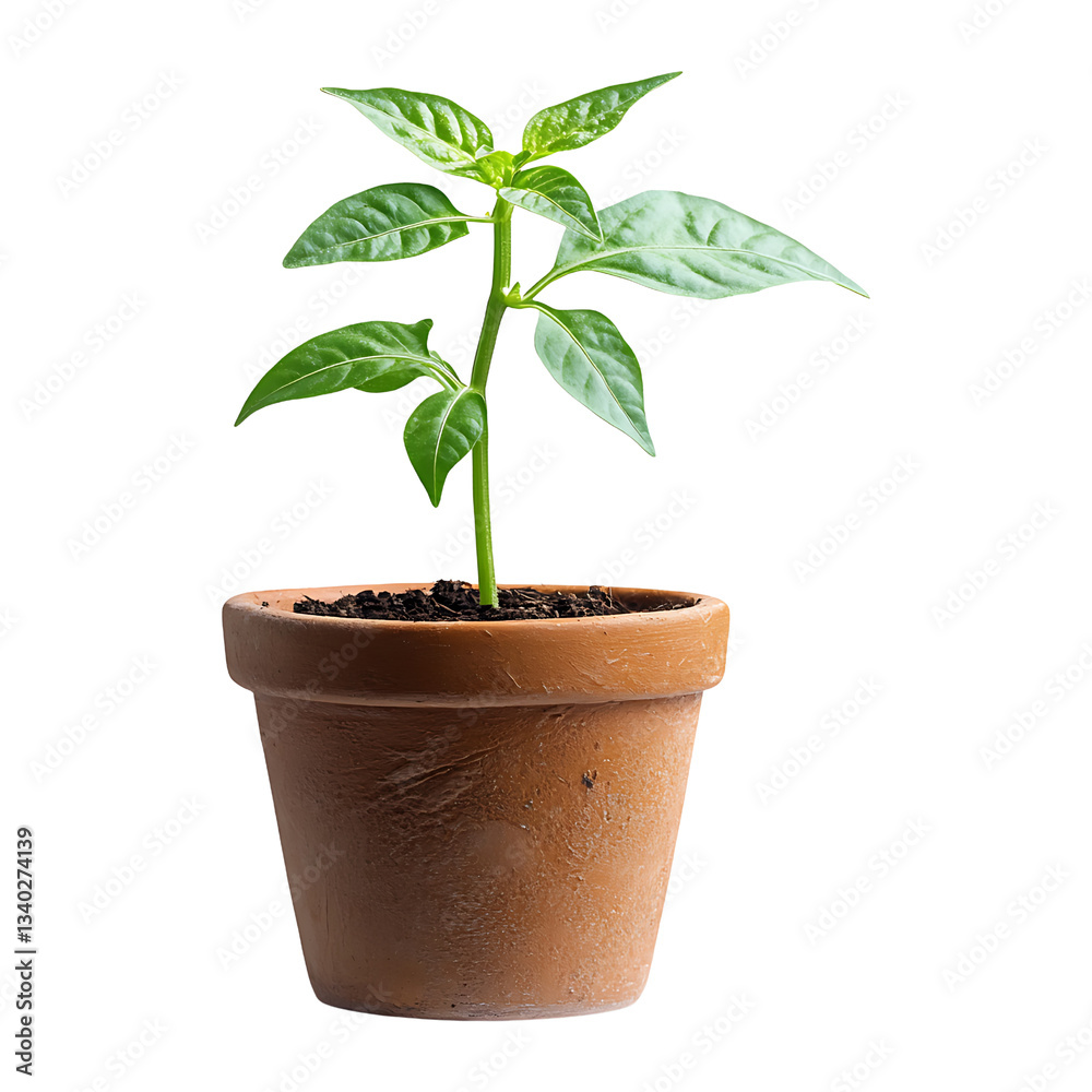 Small green plant in a pot isolated on white and transparent background
