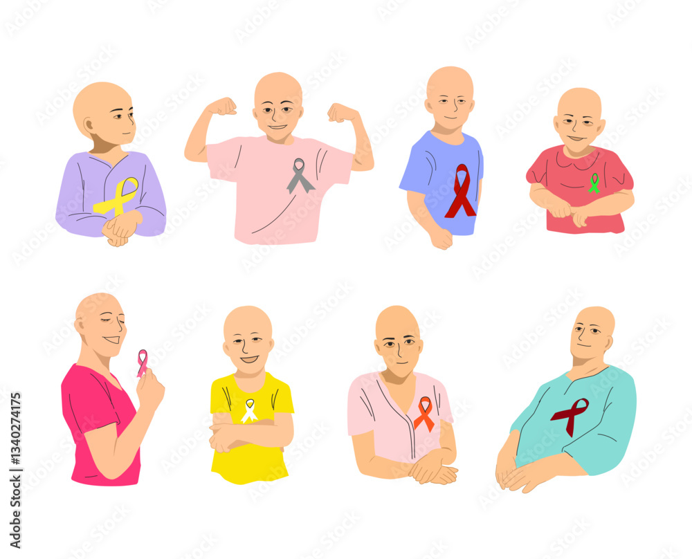 A collection of illustrations depicting strong and resilient cancer patients, for health awareness campaigns, medical support materials, and inspirational projects. A collection of illustrations depicting strong and resilient cancer patients, for health awareness campaigns, medical support materials, and inspirational projects.