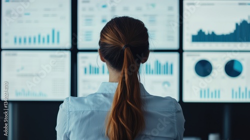 A professional woman analyzes data displayed on multiple screens, indicating a focus on analytics and decision-making in a corporate environment.