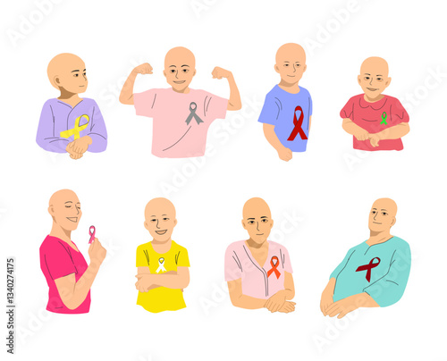 A collection of illustrations depicting strong and resilient cancer patients, for health awareness campaigns, medical support materials, and inspirational projects.
