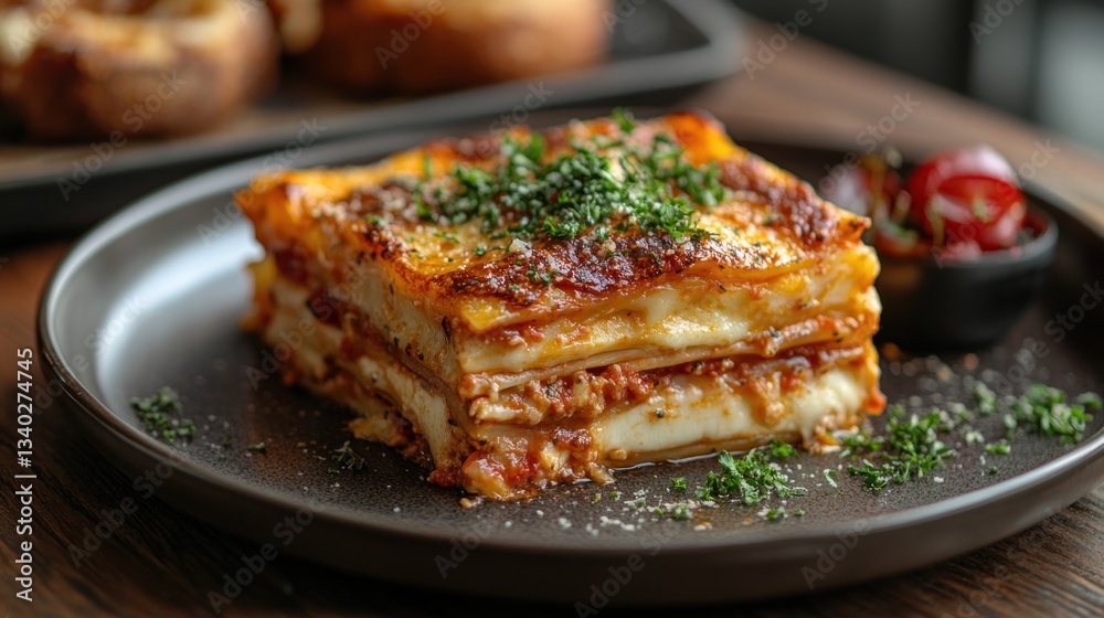 Delicious lasagna on dark plate, garnished with parsley, served with cherry tomatoes. Delicious lasagna on dark plate, garnished with parsley, served with cherry tomatoes.
