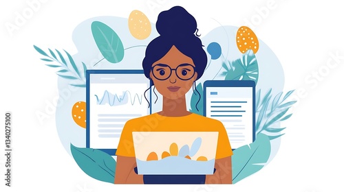 A woman with glasses checking Easter holiday engagement metrics on a marketing dashboard