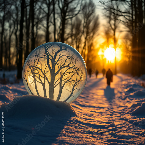  glowing glass sphere with intricate frost-like tree patterns resting on a snowy path at sunset