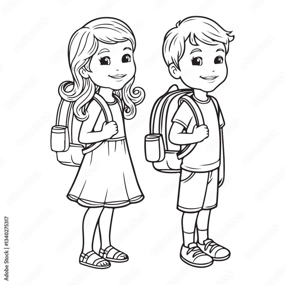 Cute School Kids Line Art – Boy & Girl with Backpacks | Black & White Outline Drawing Cute School Kids Line Art – Boy & Girl with Backpacks | Black & White Outline Drawing