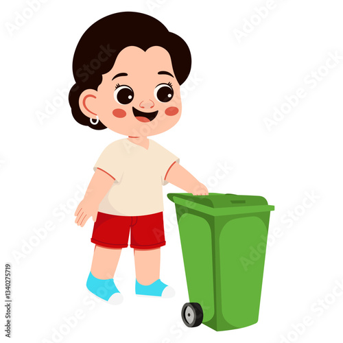 Cute Girl Pushing Green Trash Bin Illustration
