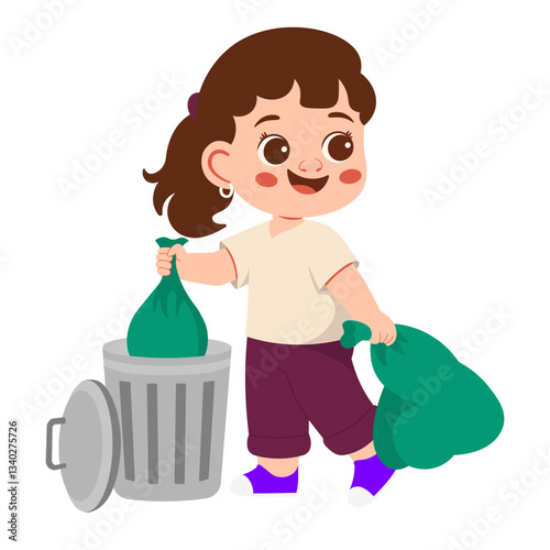 Cute Girl Taking Out the Trash Illustration