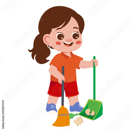 Girl Cleaning with Broom and Dustpan Illustration