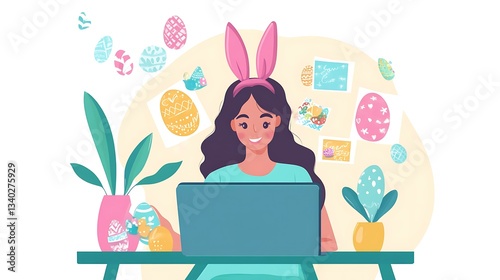 A young woman entrepreneur reviewing Easter-themed digital flyers on her computer