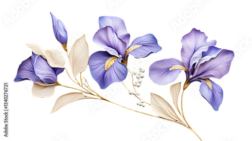 Watercolor Purple Iris Flower Arrangement Isolated on Transparent Background for Decorative Floral Design