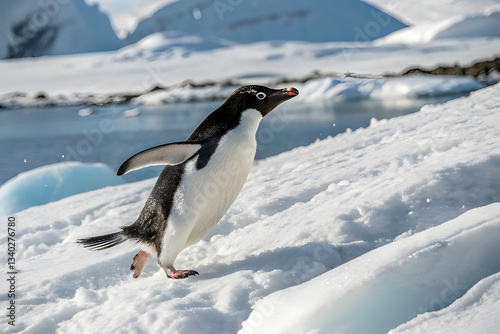 Cute close up of penguin runs happily on the  running in snow. Winter Background.