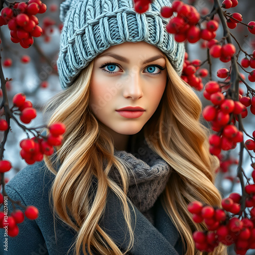  young woman with long, wavy blonde hair and striking blue eyes, standing amidst vibrant red winter berries