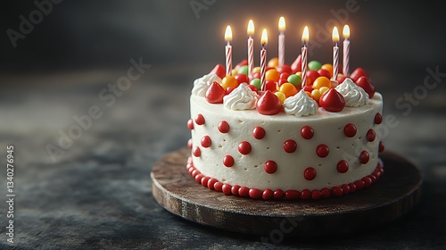 Festive birthday cake with candles and candies.