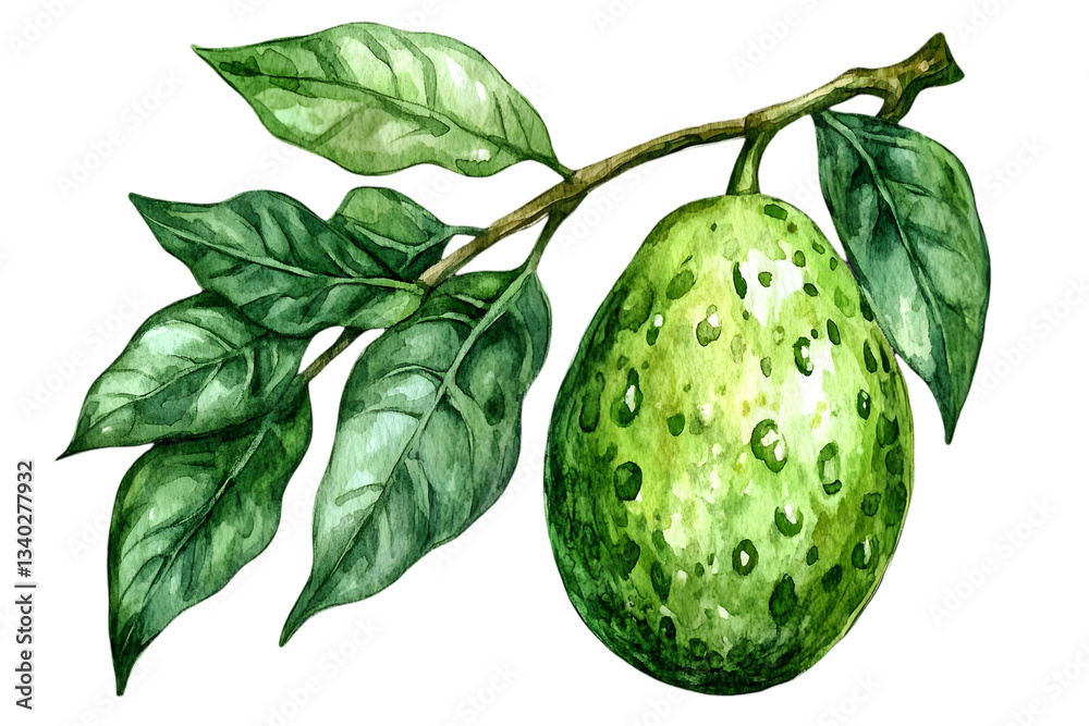 Fototapeta premium Watercolor Soursop Fruit with Leaves on Transparent Background Botanical Illustration of Tropical Green Fruit and Branch