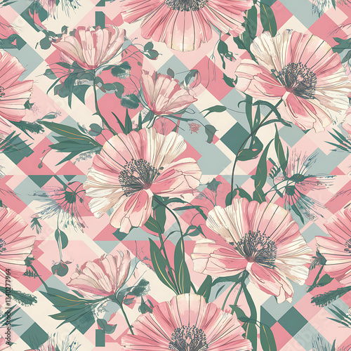 Retro Floral Pattern with Geometric Background - Vintage Inspired Flowers.