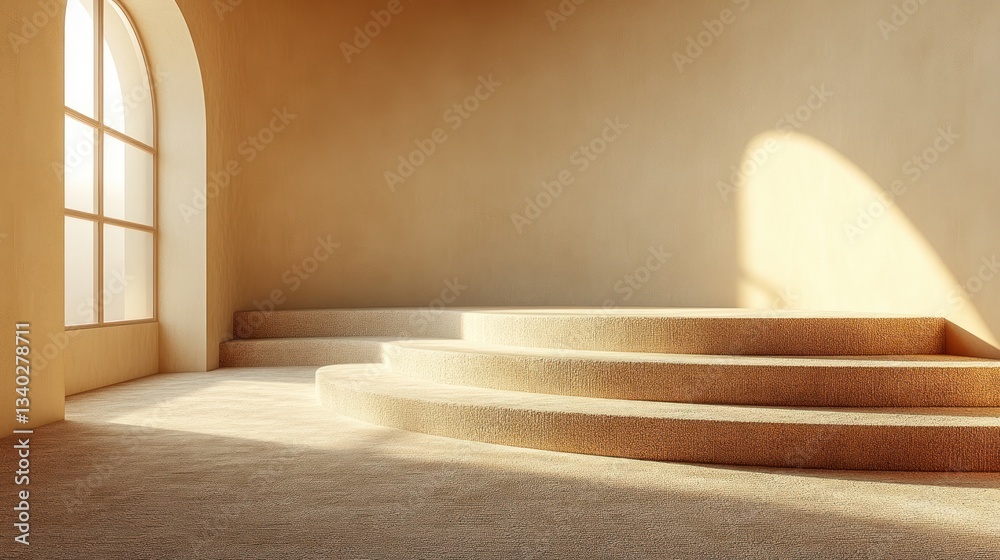 Fototapeta premium Beige interior room with curved steps, sunlight streaming through arched window.