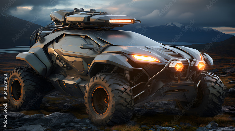 Fototapeta premium Innovative futuristic vehicle positioned in a rocky landscape at dusk captured with detail to showcase the adventure and exploration spirit.