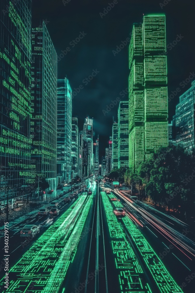 Fototapeta premium Neon Cityscape: Digital Metropolis at Night