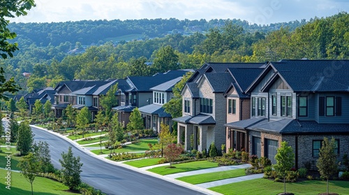 Upscale suburban homes on a tree-lined street, showcasing modern architecture and landscaping.