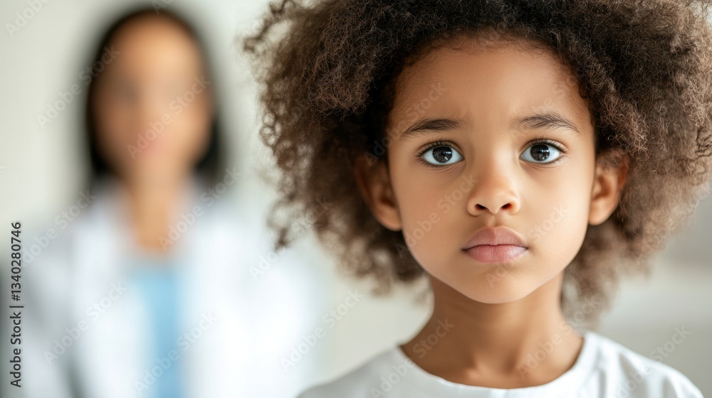 A young child with curly hair gazes seriously at the camera while an adult caregiver is softly blurred in the background at a medical facility A young child with curly hair gazes seriously at the camera while an adult caregiver is softly blurred in the background at a medical facility