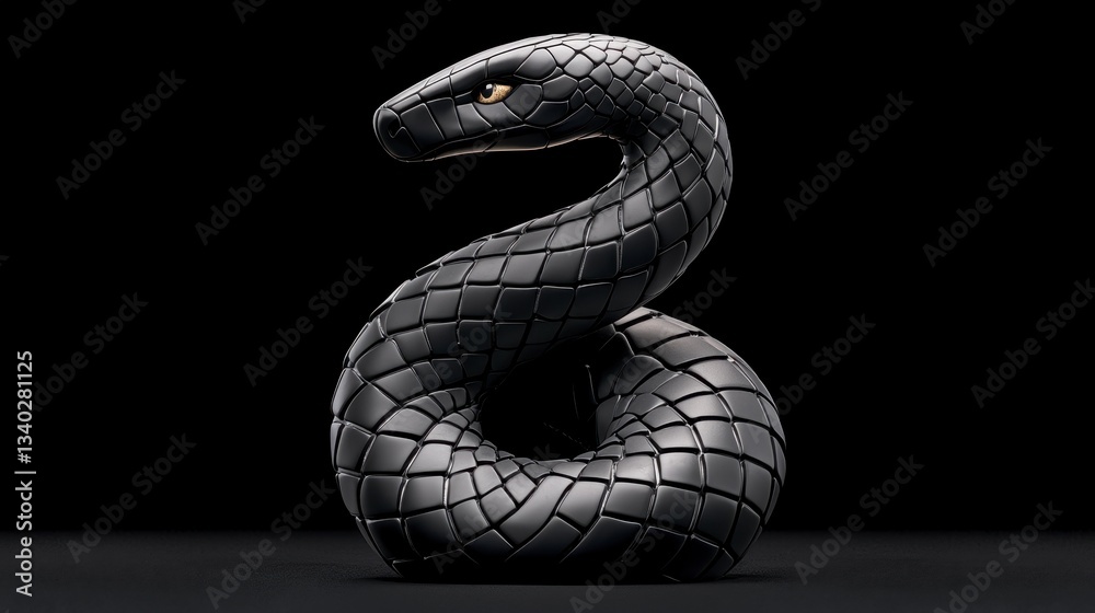 Fototapeta premium Black Textured Snake Coiled on Dark Background