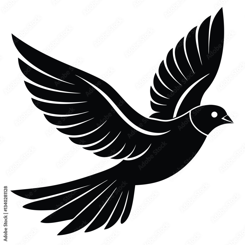Obraz premium Black vector bird silhouette, a flying dove of peace with detailed wing feathers, an animal symbol of nature's flight