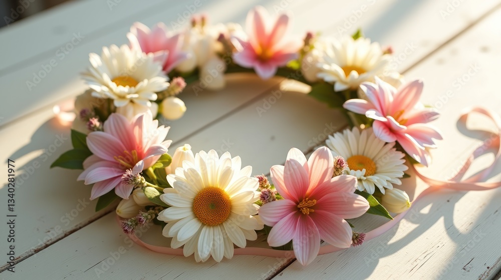 Obraz premium Circular Floral Wreath Decorative Spring Flowers with Ribbons