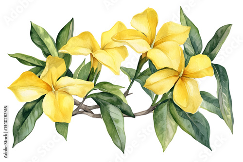 Wallpaper Mural Watercolor Yellow Flowers with Green Leaves and Branch on Transparent Background Botanical Art Torontodigital.ca