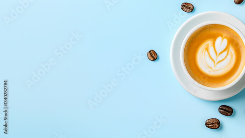 White cup of cappuccino on blue background with copy space. Flat lay, top view of cup of cappuccino coffee and coffee beans