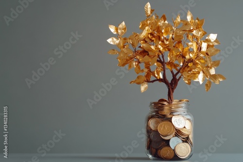 A metaphorical representation of investment returns: A tree with golden leaves sprouting from a jar packed with mixed currencies.