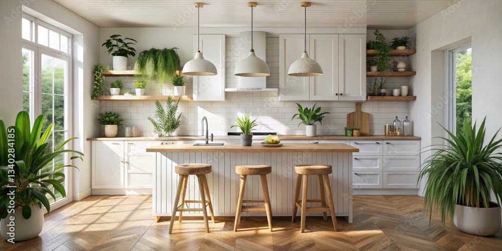 Fototapeta premium Minimalist White Kitchen Design - Calm Modern Cooking Space with Wooden Stools & Greenery
