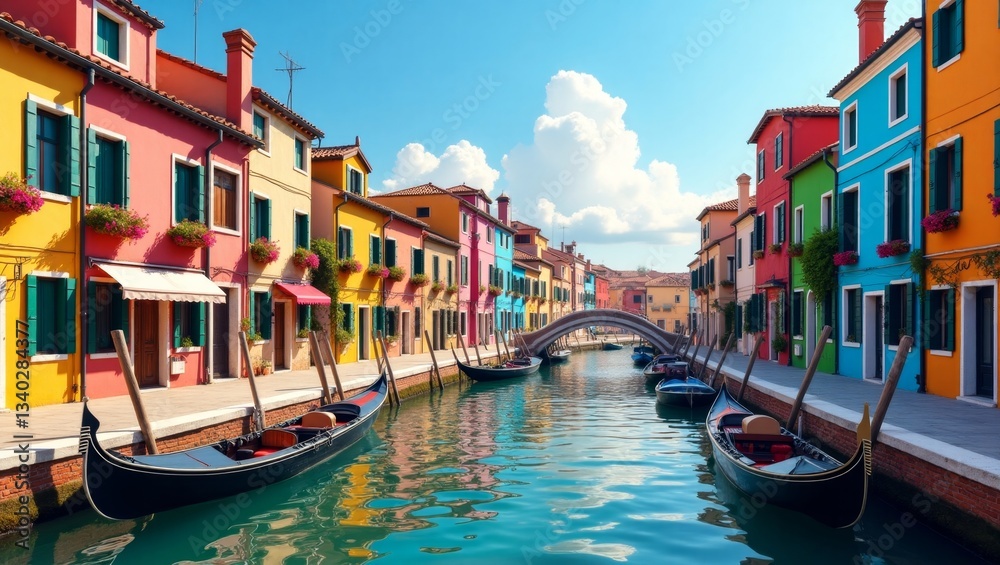 Obraz premium Charming canal scene with brightly colored houses and boats. A picturesque travel destination, generate AI