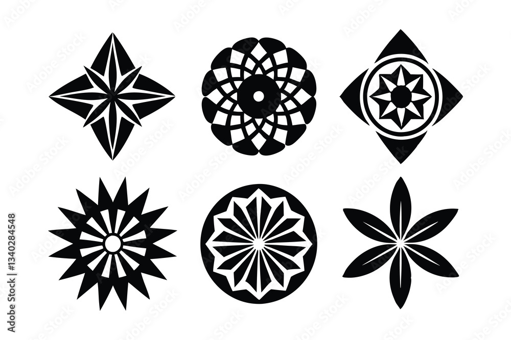A collection of abstract black and white floral elements in a geometric pattern, featuring circles, stars, and ornamental shapes in a stylish design A collection of abstract black and white floral elements in a geometric pattern, featuring circles, stars, and ornamental shapes in a stylish design