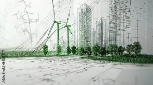 Hand-drawn green pencil illustration of sustainable design concepts, featuring architectural blueprint with buildings and wind turbines made of trees, and a model cityscape in the foreground.