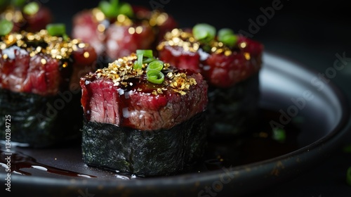 Wagyu Beef Sushi with Gold Flakes and Scallions